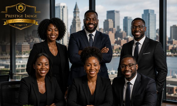 African-American corporate team posing for a professional group portrait in a modern Boston office.