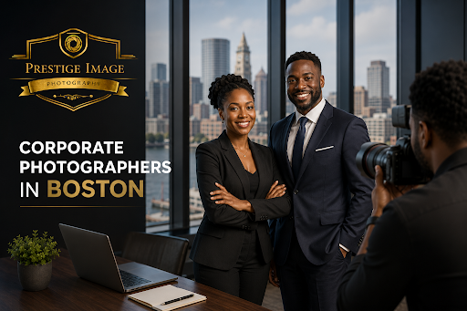 Corporate photography promotional banner showing two business professionals posing for a photoshoot in a modern office with a city skyline backdrop and the headline “Corporate Photographers in Boston.”