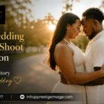 Romantic pre-wedding couple embracing during a golden-hour outdoor photoshoot in Milton, surrounded by warm sunlight and natural scenery.